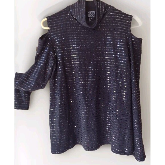 Clara Sunwoo Shimmer Top Small Signature Cold Shoulder Black New - Picture 1 of 7